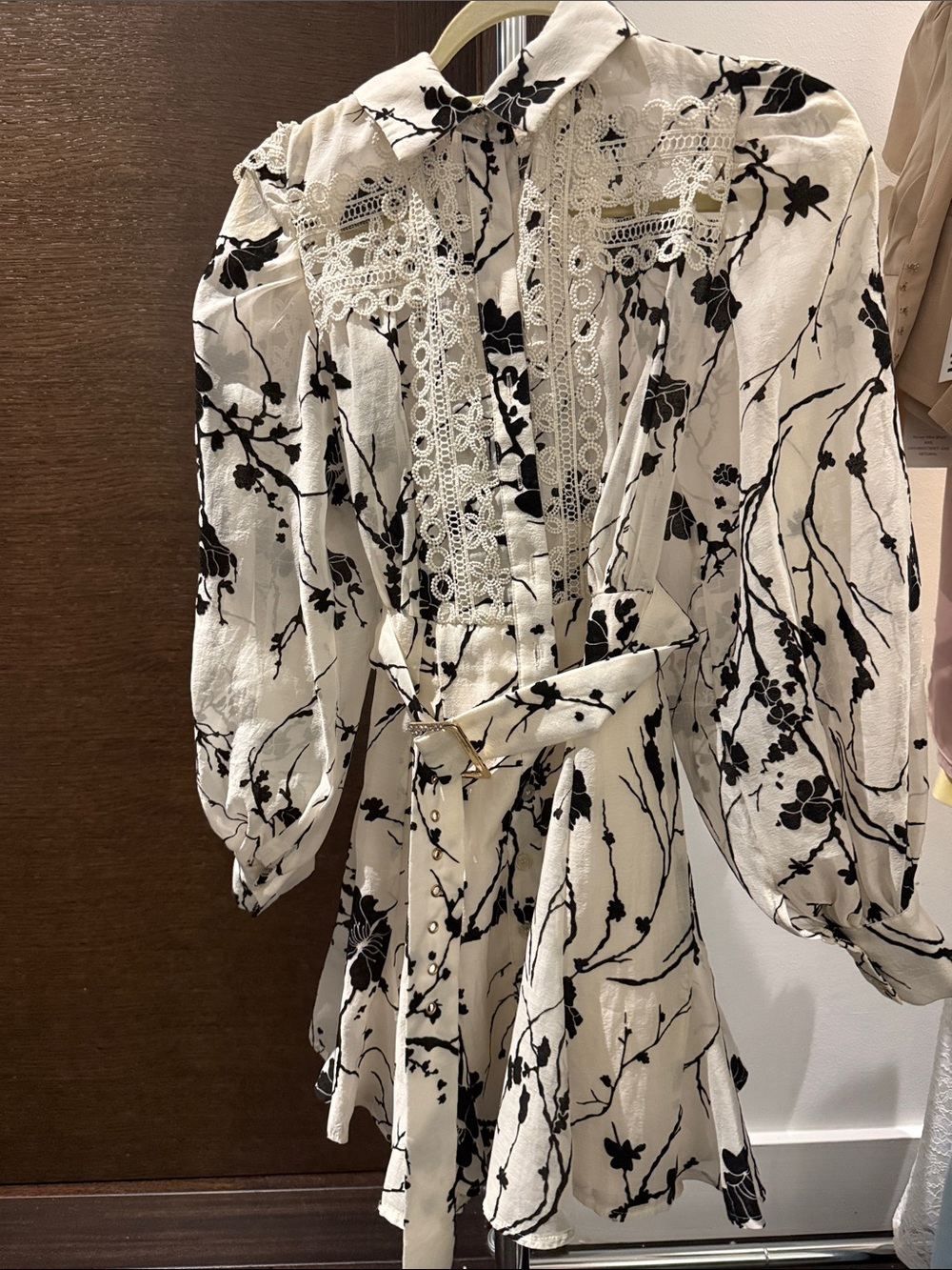 Cream and Black Floral Lace-Trim Mini Dress with Belt